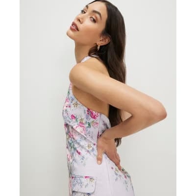 Purple Tailored Halter Neck Floral Mini Dress