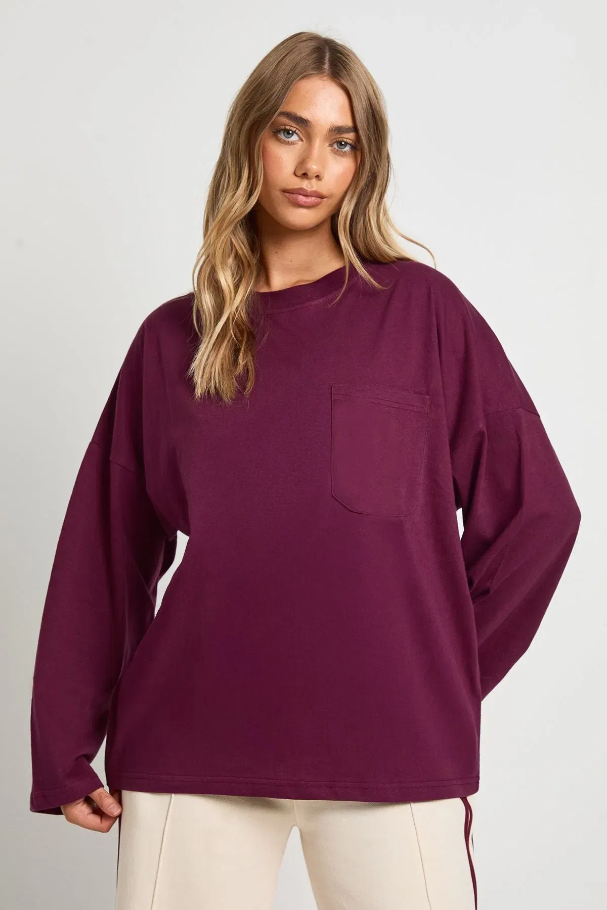 Cotton Pocket Front Long Sleeve Top