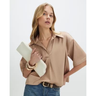 Beige Satin Polo Top