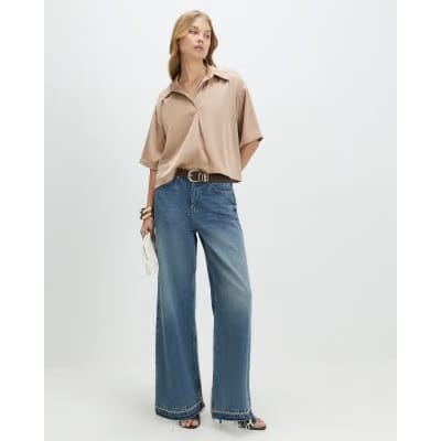 Beige Satin Polo Top