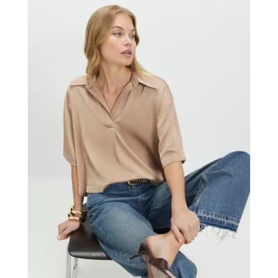 Beige Satin Polo Top