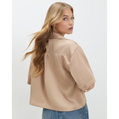 Beige Satin Polo Top
