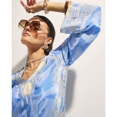 Blue Abstract Palm Print Beach Tunic