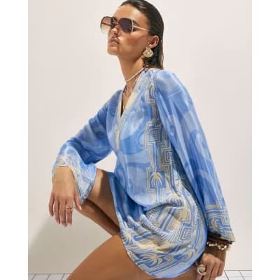 Blue Abstract Palm Print Beach Tunic