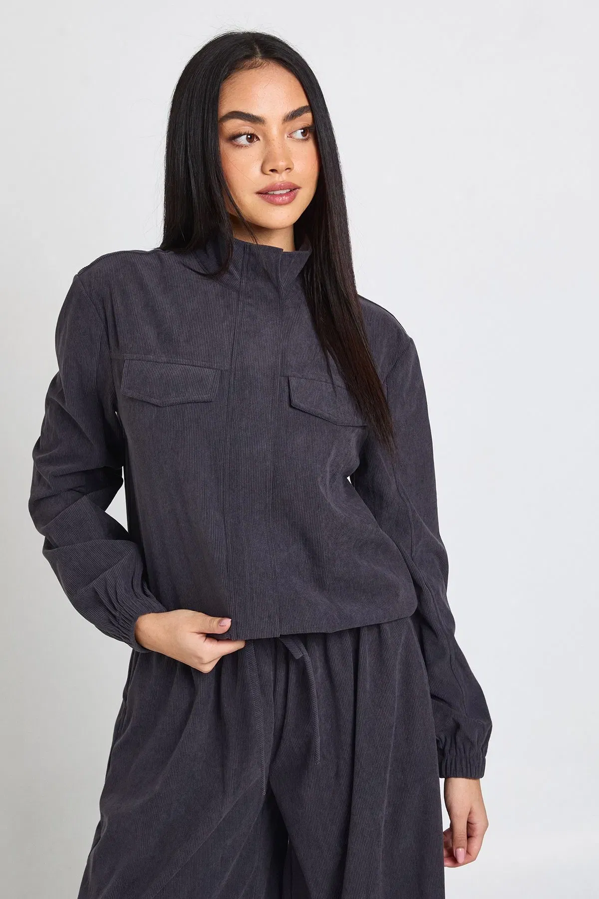 Cord Funnel Neck Tracksuit Top