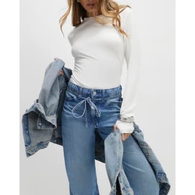 Blue Tie Detail Wide Leg Jeans