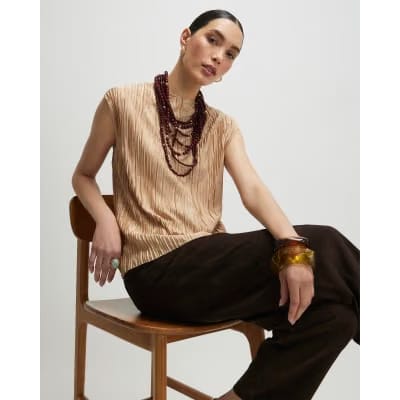 Beige Sleeveless Plisse Top