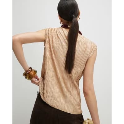 Beige Sleeveless Plisse Top