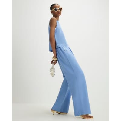 Blue Scallop Trim Wide Leg Trousers
