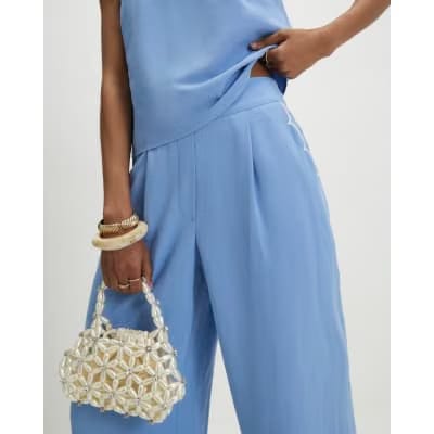 Blue Scallop Trim Wide Leg Trousers