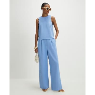 Blue Scallop Trim Wide Leg Trousers