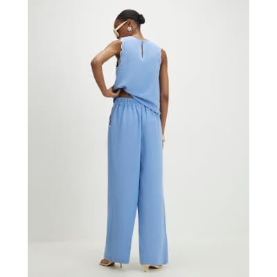 Blue Scallop Trim Wide Leg Trousers
