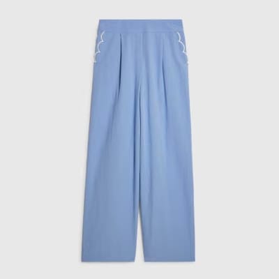 Blue Scallop Trim Wide Leg Trousers