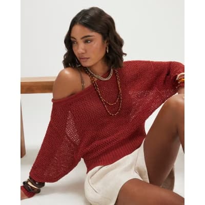 Red Open Stitch Knitted Off Shoulder Top