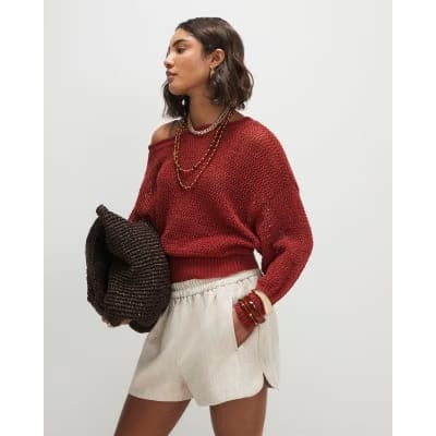 Red Open Stitch Knitted Off Shoulder Top
