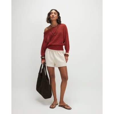 Red Open Stitch Knitted Off Shoulder Top
