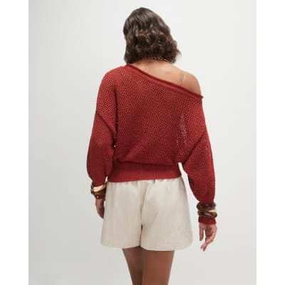 Red Open Stitch Knitted Off Shoulder Top