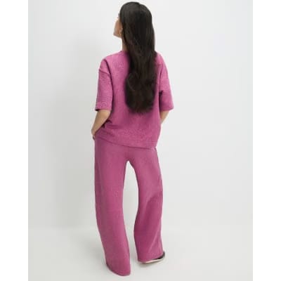 Petite Pink Jacquard Wide Leg Trousers