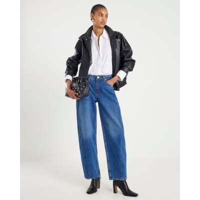 Blue Mid Rise Seamed Barrel Leg Jeans