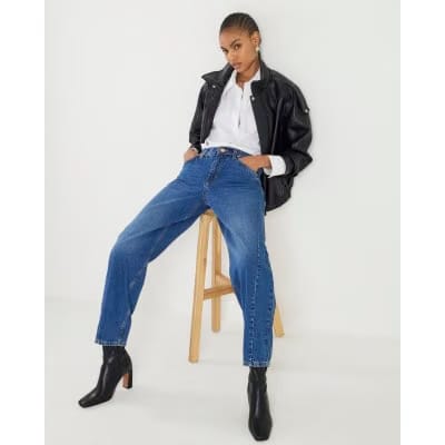 Blue Mid Rise Seamed Barrel Leg Jeans