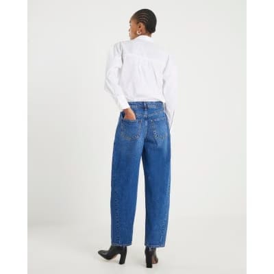 Blue Mid Rise Seamed Barrel Leg Jeans
