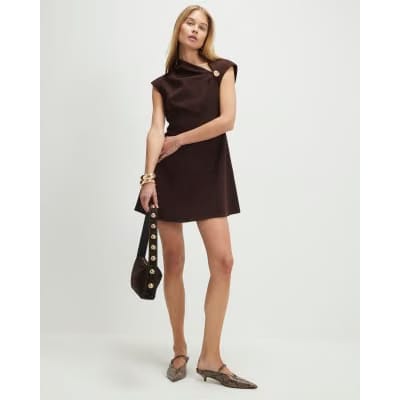 Brown Sleeveless Draped Neck Mini Dress