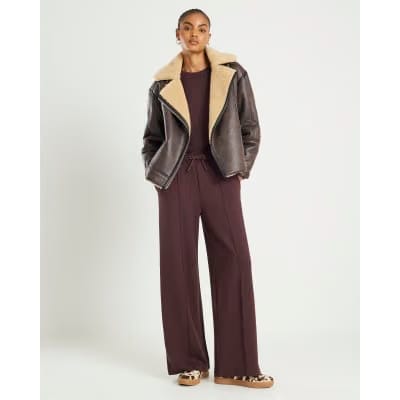 Brown Premium Wide Leg Pintuck Joggers