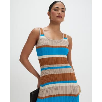 Petite Brown Knitted Striped Maxi Dress