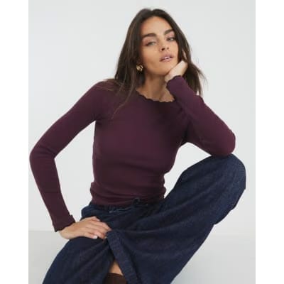 Red Long Sleeve Scallop Trim Top