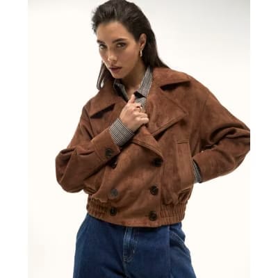 Brown Faux Suede Dropped Bomber Jacket