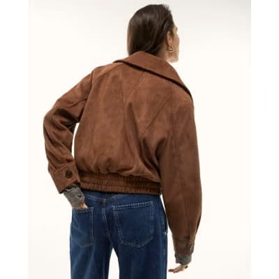 Brown Faux Suede Dropped Bomber Jacket