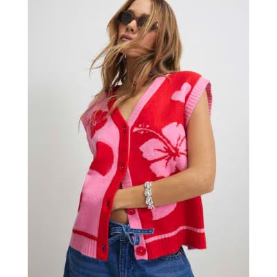 Pink Floral Sleeveless Cardigan