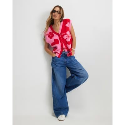 Pink Floral Sleeveless Cardigan