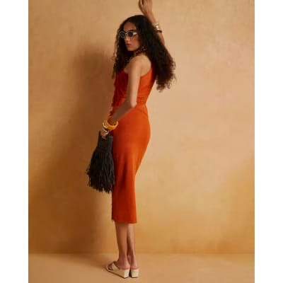 Orange Knitted Fringe Midi Skirt