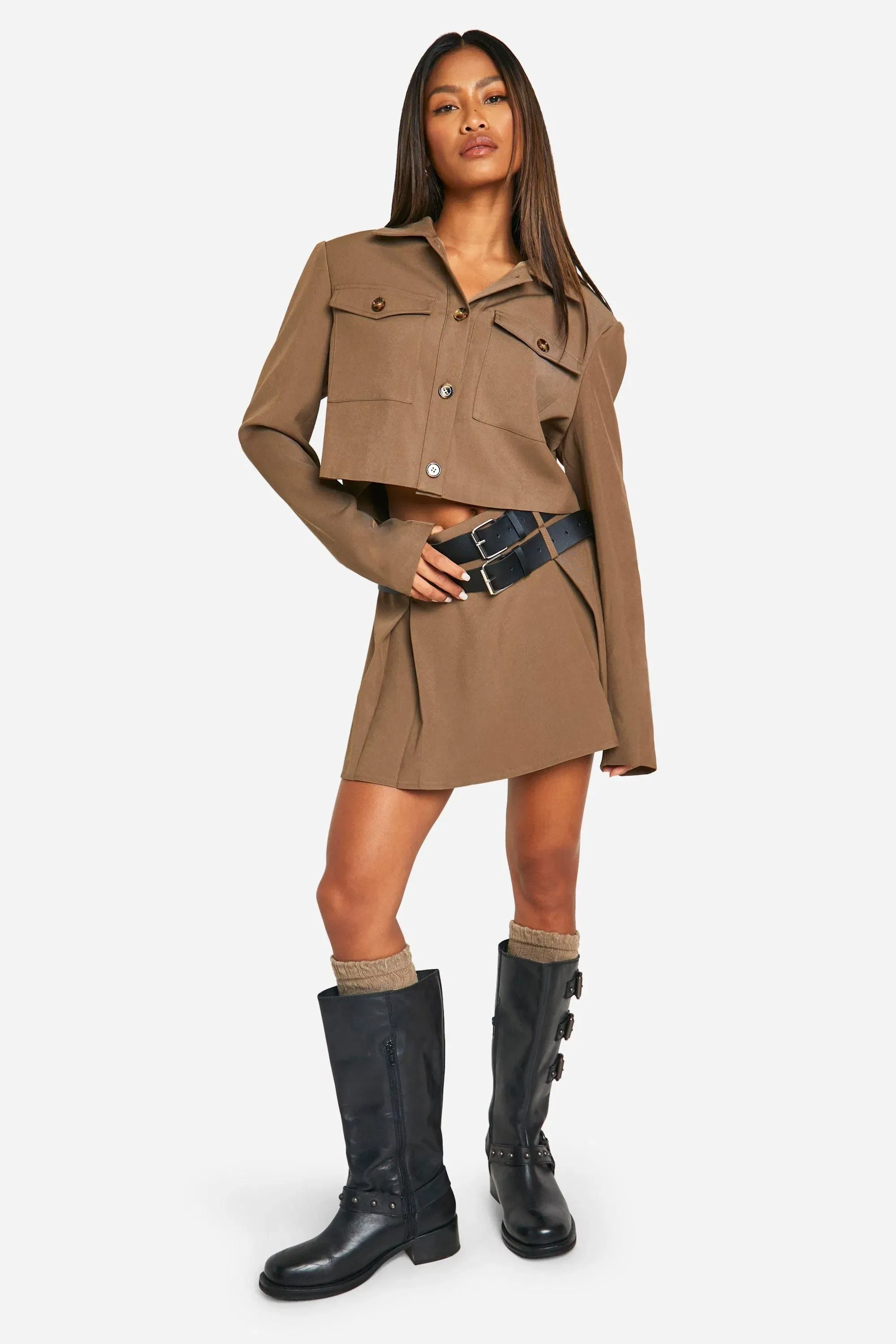 Utility Belted Pleated Mini Skirt