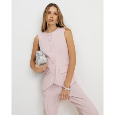 Pink Sleeveless Striped Longline Waistcoat