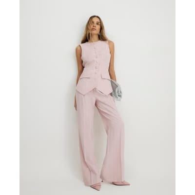 Pink Sleeveless Striped Longline Waistcoat