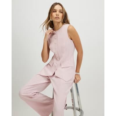Pink Sleeveless Striped Longline Waistcoat