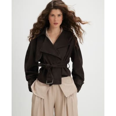 Brown Belted Faux Suede Cropped Trench Jacket