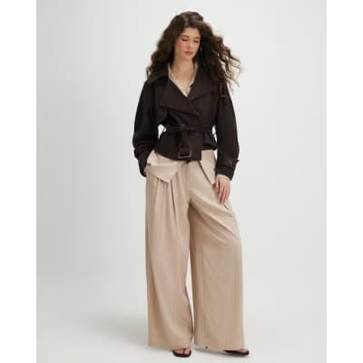 Brown Belted Faux Suede Cropped Trench Jacket