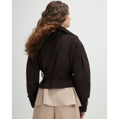 Brown Belted Faux Suede Cropped Trench Jacket