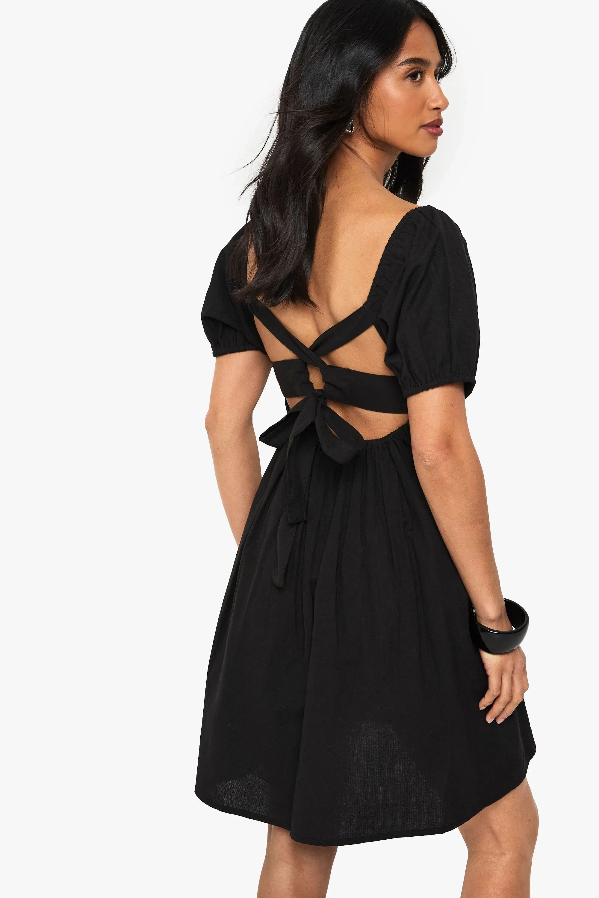 Petite Linen Puff Sleeve Smock Mini Dress