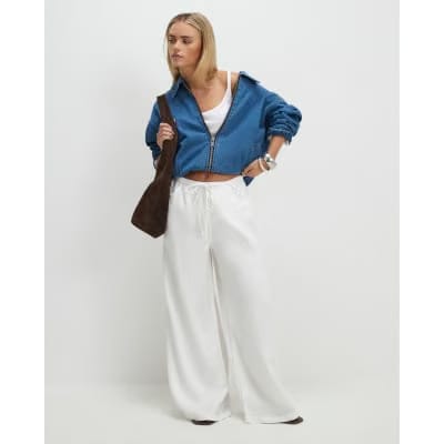 Petite White Wide leg Drawstring Jeans