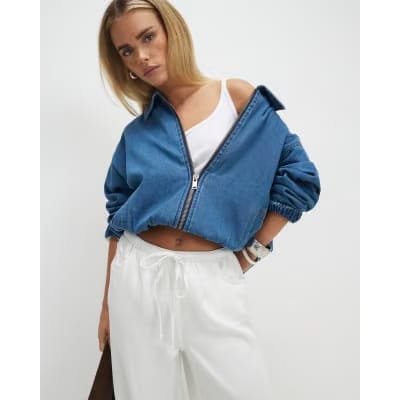 Petite White Wide leg Drawstring Jeans