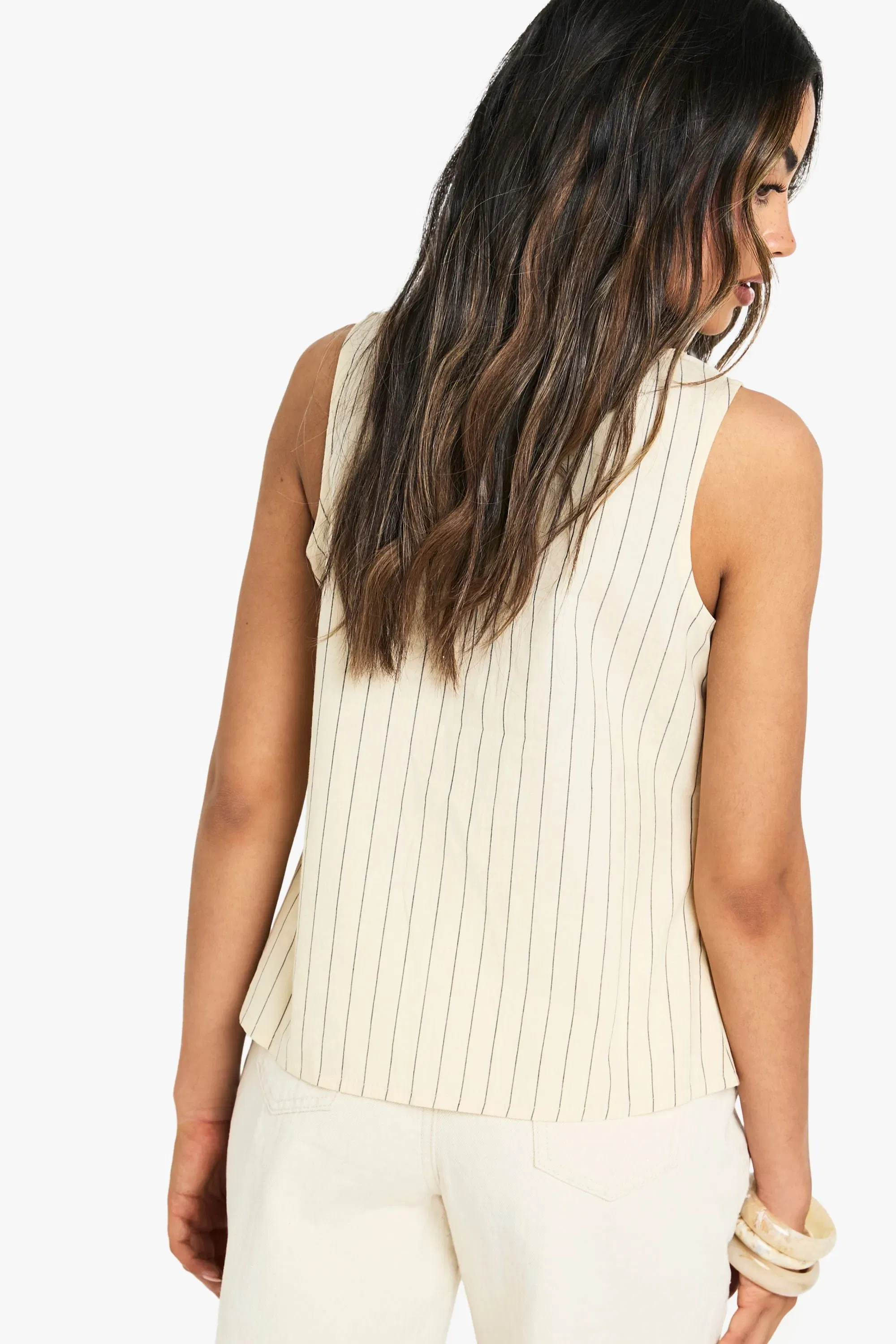 Stripe Linen Look Tie Front Waistcoat