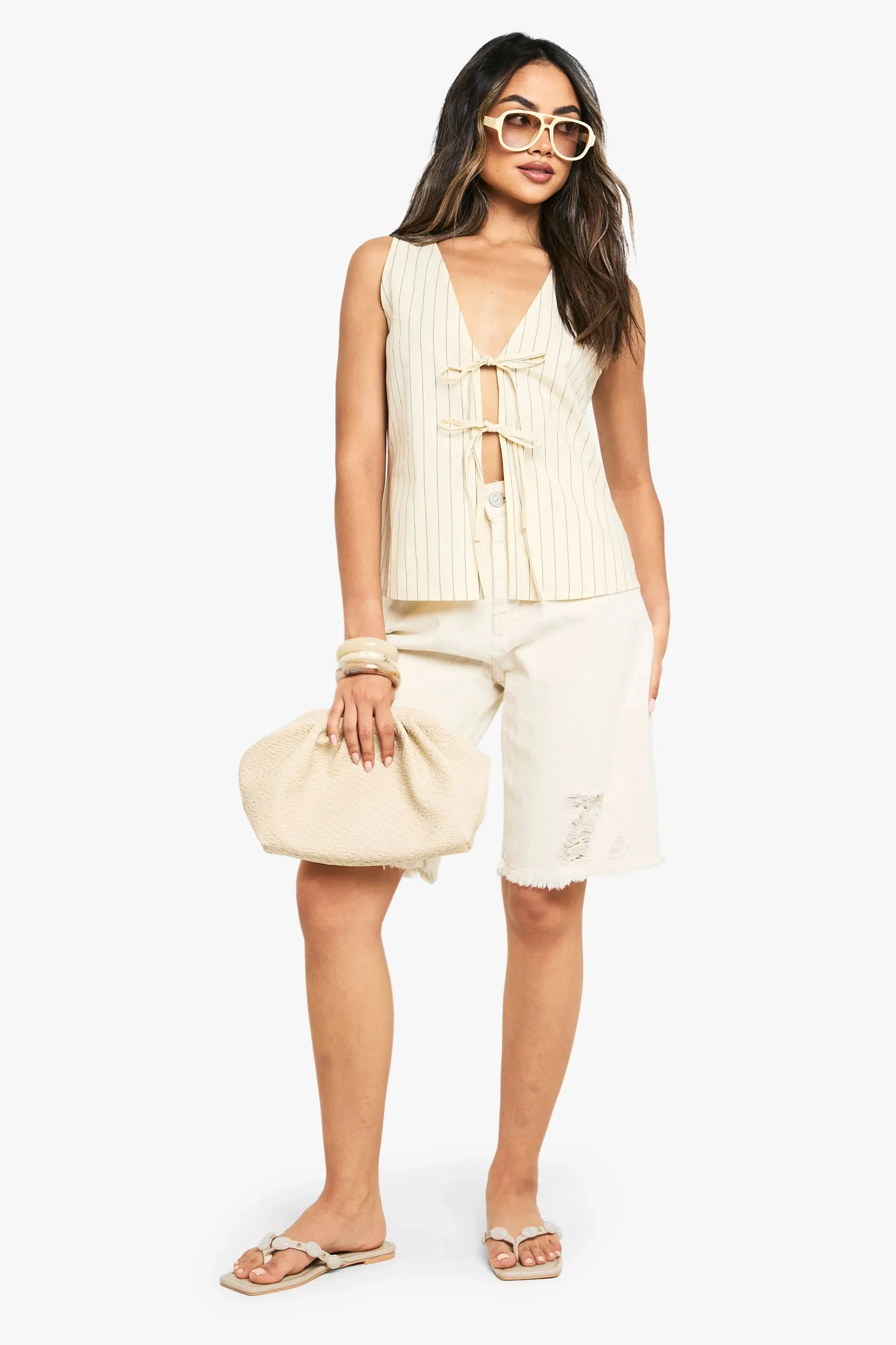 Stripe Linen Look Tie Front Waistcoat