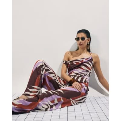 Brown Leaf Print Wide Leg Trousers