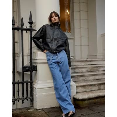 Blue Wide Leg Tie Front Jeans