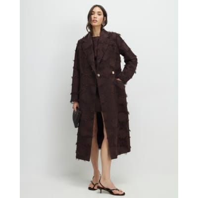 Brown Spot Fringe Longline Duster Coat