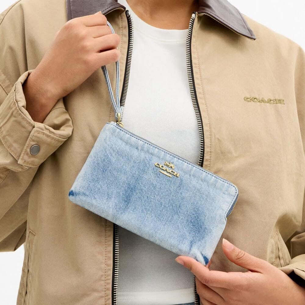 Large Corner Zip Wristlet In Loved Denim